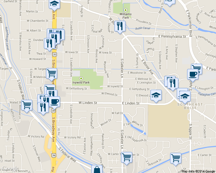 map of restaurants, bars, coffee shops, grocery stores, and more near 2498 Wyoming Ave in Boise
