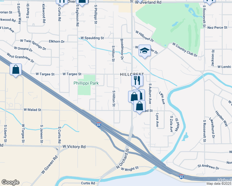 map of restaurants, bars, coffee shops, grocery stores, and more near 2402 South Hilton Street in Boise