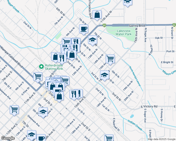 map of restaurants, bars, coffee shops, grocery stores, and more near 14th Avenue North in Nampa