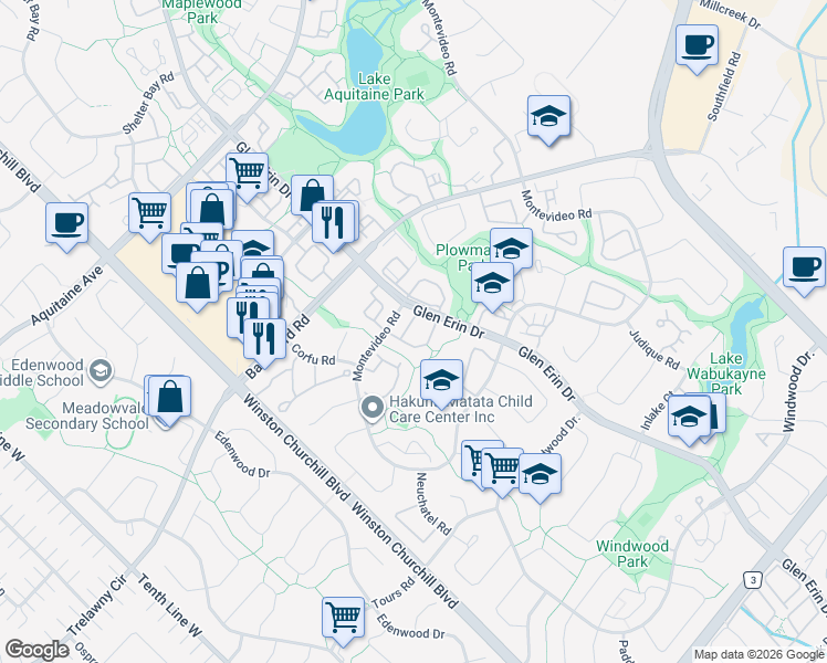 map of restaurants, bars, coffee shops, grocery stores, and more near in Mississauga