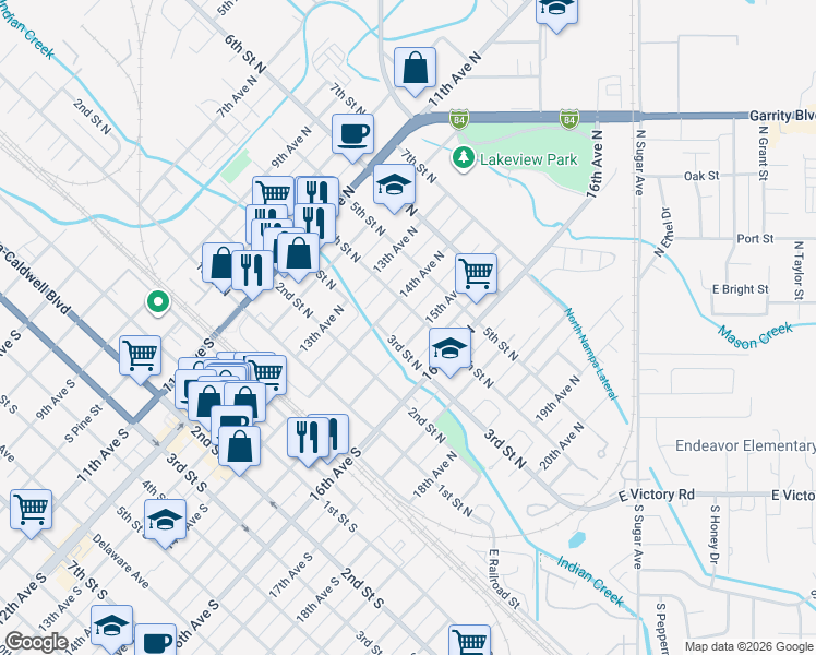 map of restaurants, bars, coffee shops, grocery stores, and more near 1424 4th Street North in Nampa