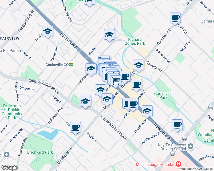 map of restaurants, bars, coffee shops, grocery stores, and more near 25 Agnes Street in Mississauga
