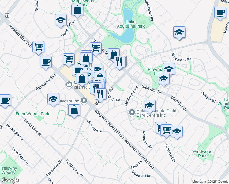 map of restaurants, bars, coffee shops, grocery stores, and more near 2841 Monticello Mews in Mississauga