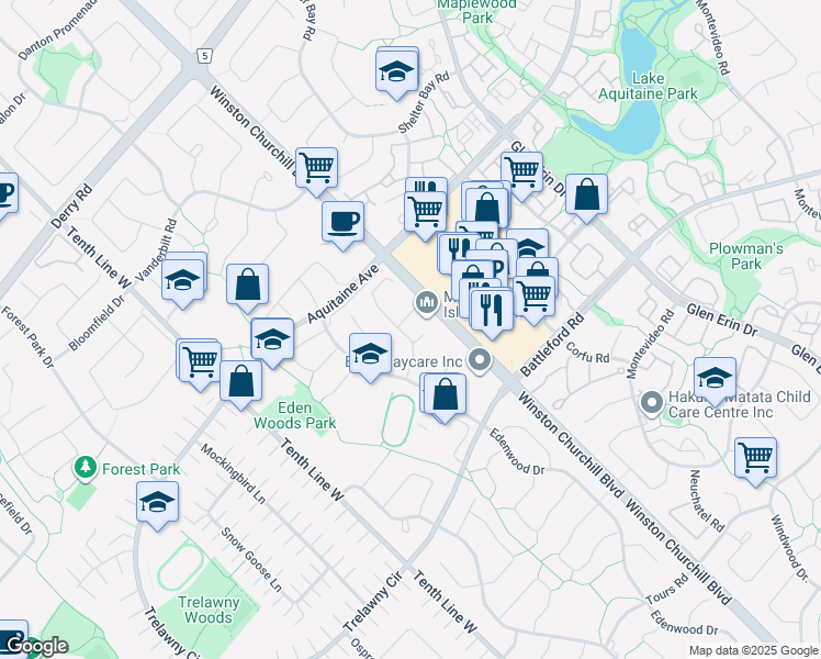 map of restaurants, bars, coffee shops, grocery stores, and more near 3020 Collista Court in Mississauga