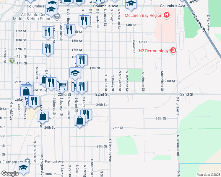 map of restaurants, bars, coffee shops, grocery stores, and more near 1007 South Lincoln Street in Bay City