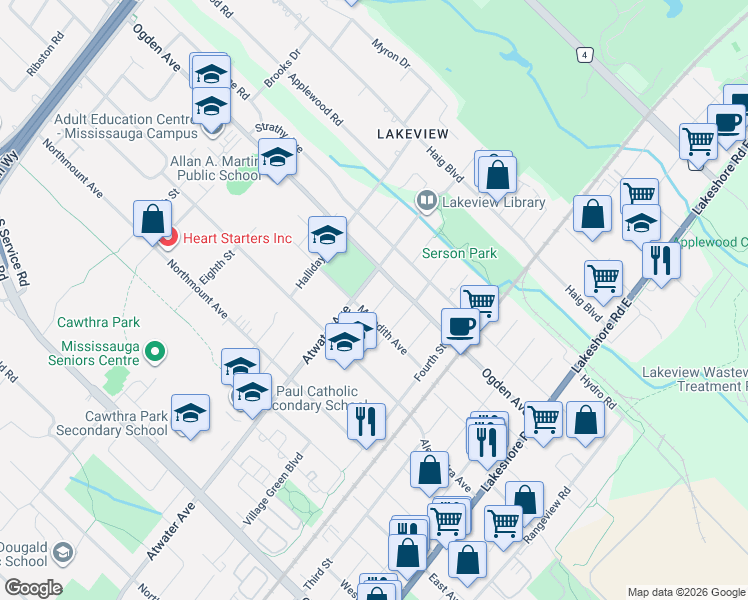 map of restaurants, bars, coffee shops, grocery stores, and more near 995 Garrard Avenue in Mississauga