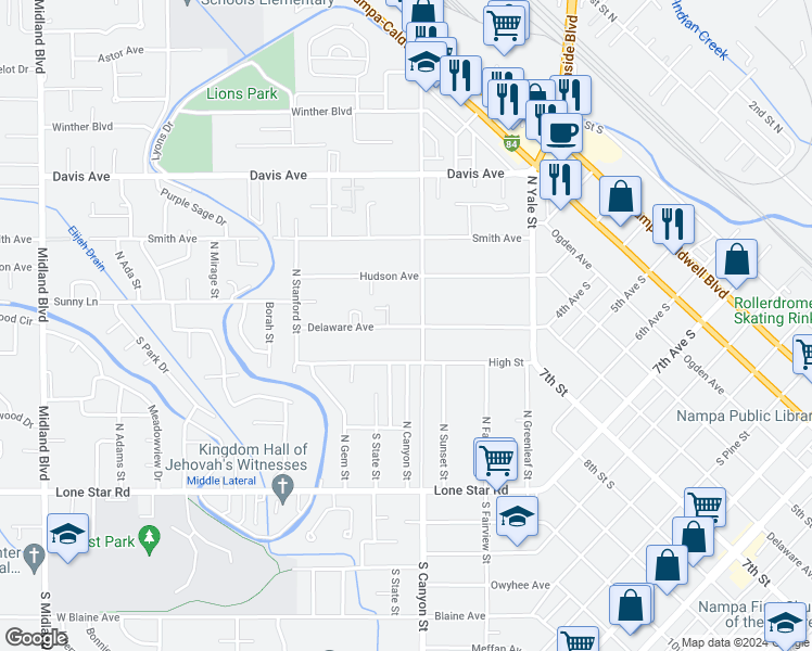 map of restaurants, bars, coffee shops, grocery stores, and more near 208 Delaware Avenue in Nampa