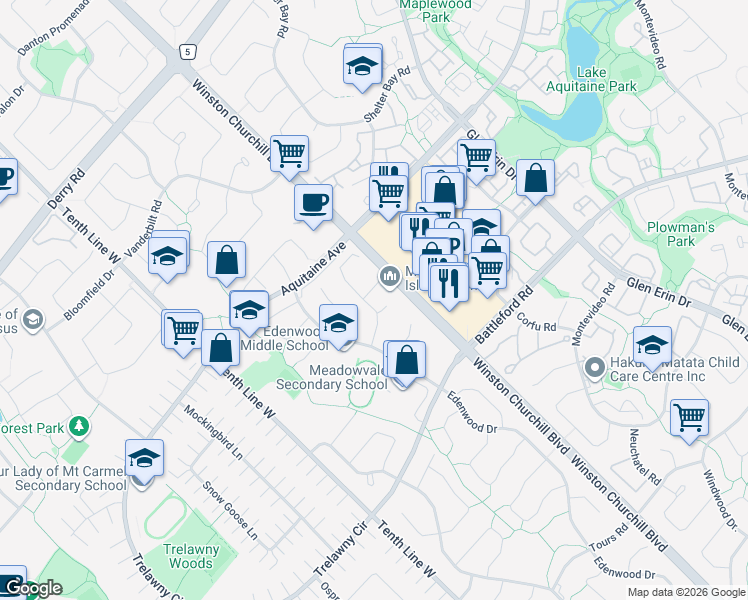 map of restaurants, bars, coffee shops, grocery stores, and more near 3020 Collista Court in Mississauga