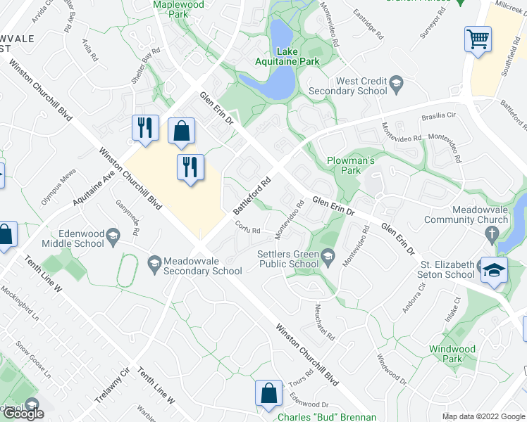 map of restaurants, bars, coffee shops, grocery stores, and more near 2841 Monticello Mews in Mississauga