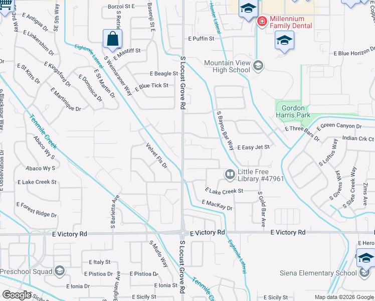 map of restaurants, bars, coffee shops, grocery stores, and more near 2640 South Locust Grove Road in Meridian