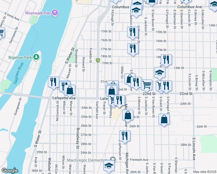 map of restaurants, bars, coffee shops, grocery stores, and more near 1011 Fraser Street in Bay City