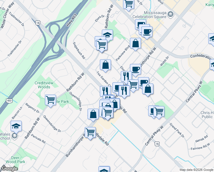 map of restaurants, bars, coffee shops, grocery stores, and more near 4261 Tea Garden Circle in Mississauga
