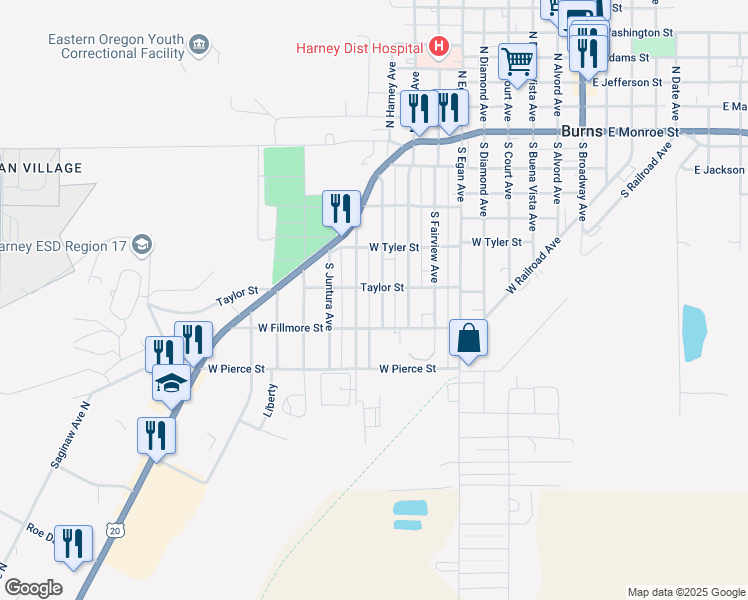 map of restaurants, bars, coffee shops, grocery stores, and more near 857 Taylor Street in Burns
