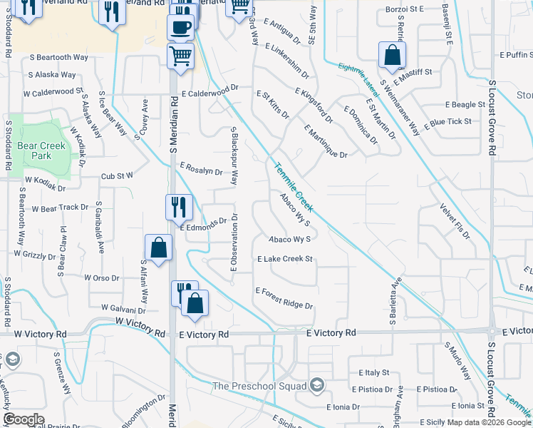 map of restaurants, bars, coffee shops, grocery stores, and more near 2533 Southeast 5th Way in Meridian
