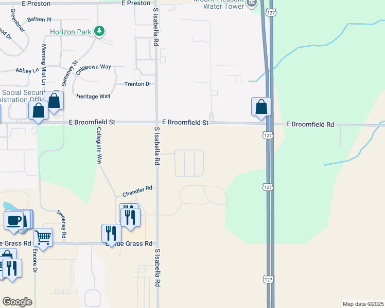 map of restaurants, bars, coffee shops, grocery stores, and more near 4636 East Broomfield Road in Mount Pleasant