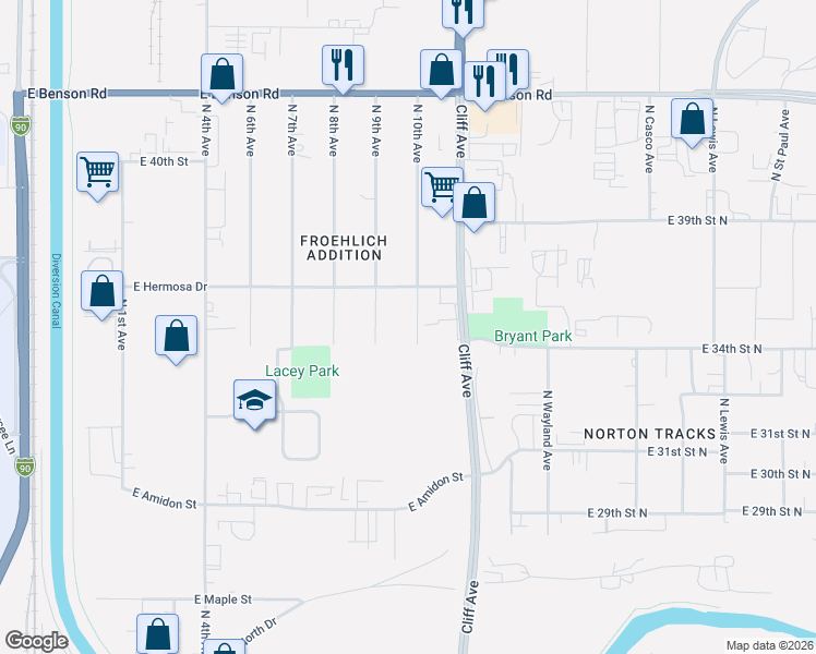 map of restaurants, bars, coffee shops, grocery stores, and more near 3308 North 9th Avenue in Sioux Falls