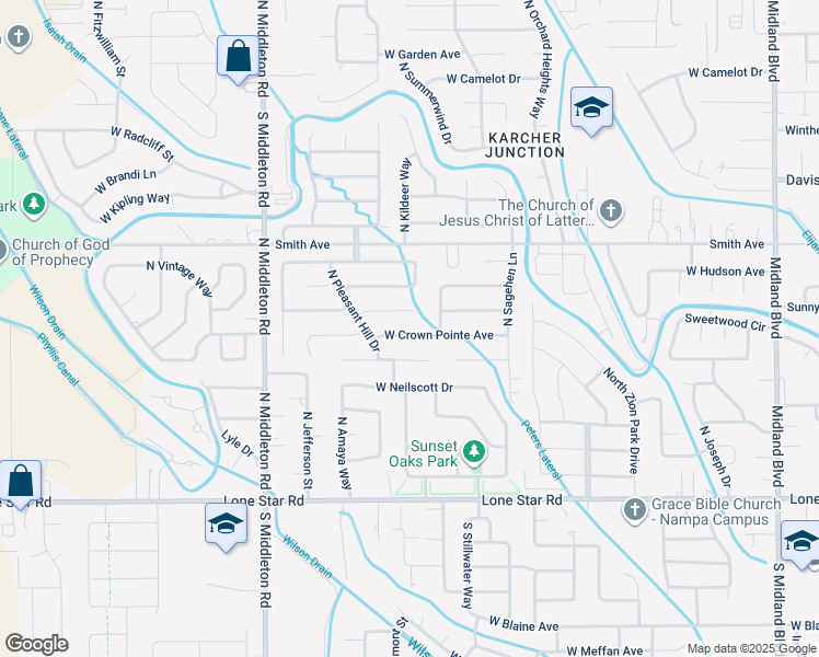 map of restaurants, bars, coffee shops, grocery stores, and more near 2148 West Crown Pointe Avenue in Nampa