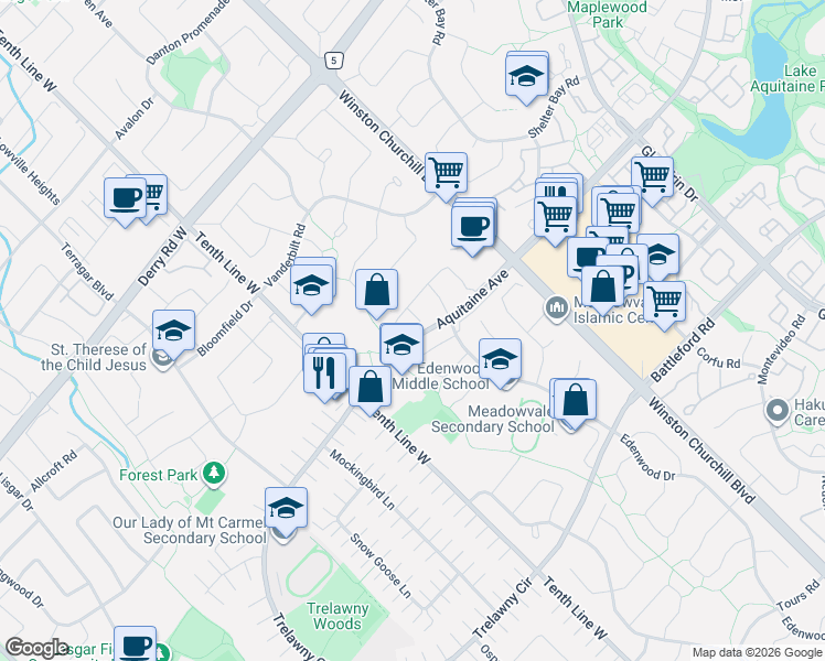 map of restaurants, bars, coffee shops, grocery stores, and more near 6759 Dolmage Court in Mississauga