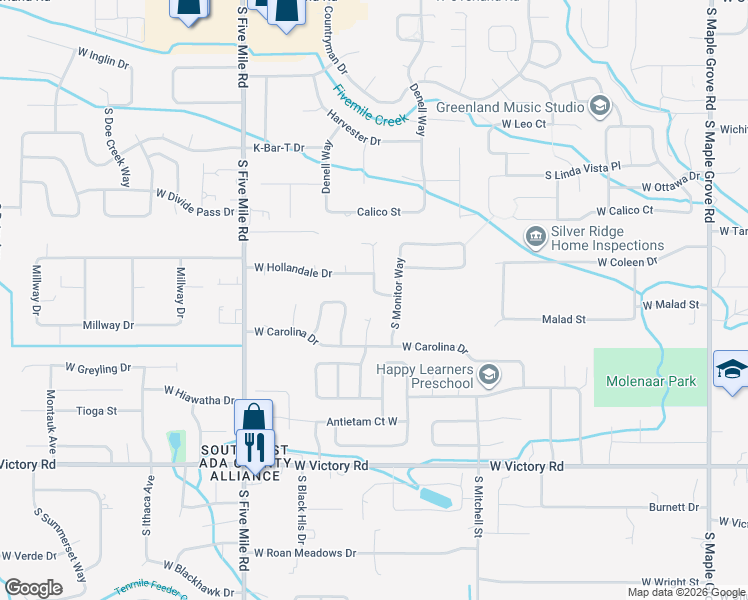 map of restaurants, bars, coffee shops, grocery stores, and more near 10149 West Raleigh Street in Boise