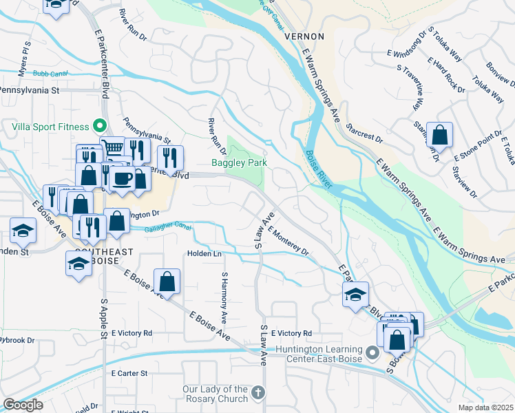 map of restaurants, bars, coffee shops, grocery stores, and more near 2444 South Mariner Way in Boise