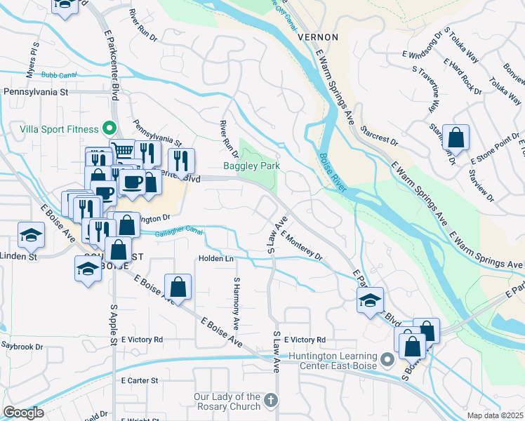 map of restaurants, bars, coffee shops, grocery stores, and more near 2444 South Mariner Way in Boise