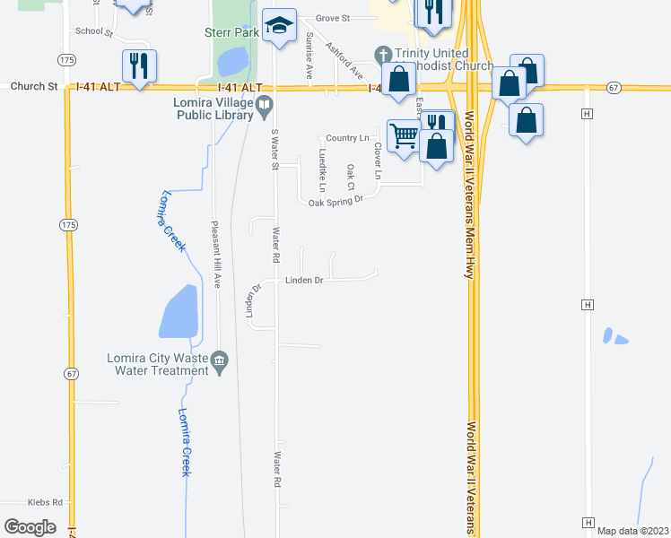 map of restaurants, bars, coffee shops, grocery stores, and more near 220 Park Lane in Lomira