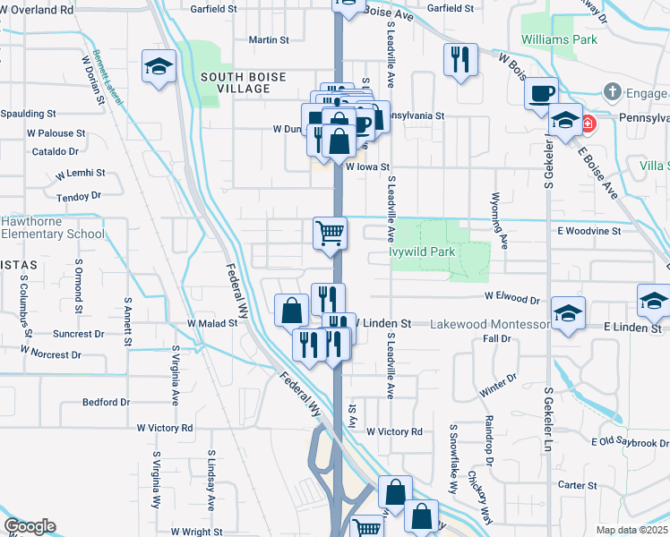 map of restaurants, bars, coffee shops, grocery stores, and more near 1000 West Ivywild Street in Boise