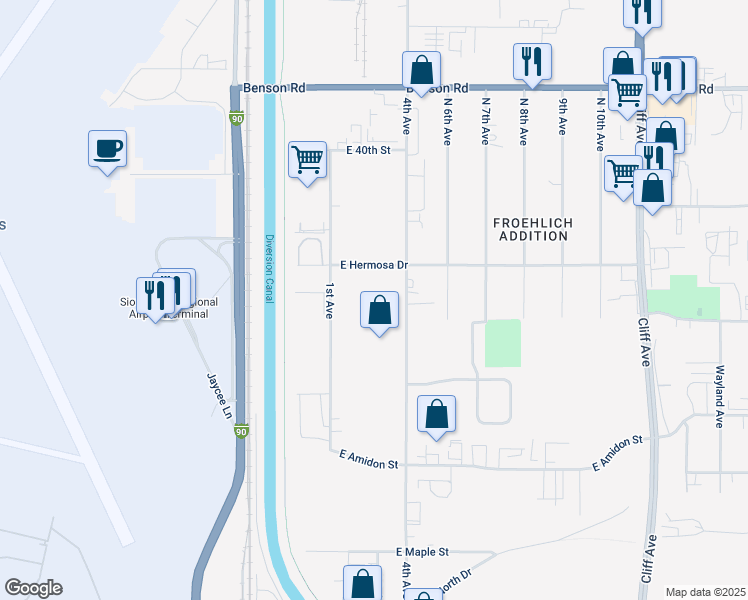 map of restaurants, bars, coffee shops, grocery stores, and more near 3201 North 4th Avenue in Sioux Falls