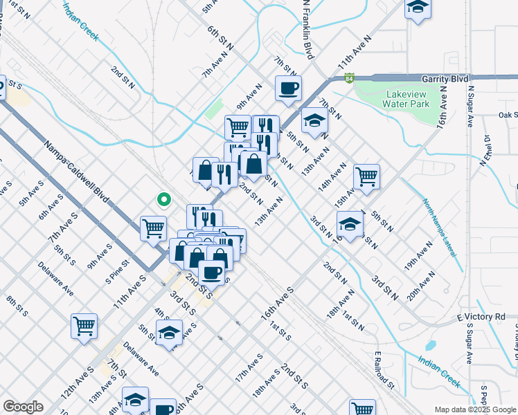 map of restaurants, bars, coffee shops, grocery stores, and more near 1215 2nd Street North in Nampa