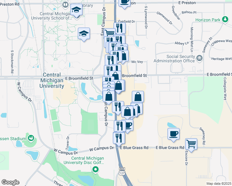 map of restaurants, bars, coffee shops, grocery stores, and more near 2125 South Mission Street in Mount Pleasant