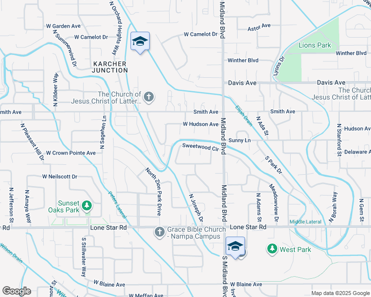 map of restaurants, bars, coffee shops, grocery stores, and more near 1085 Sweetwood Circle in Nampa