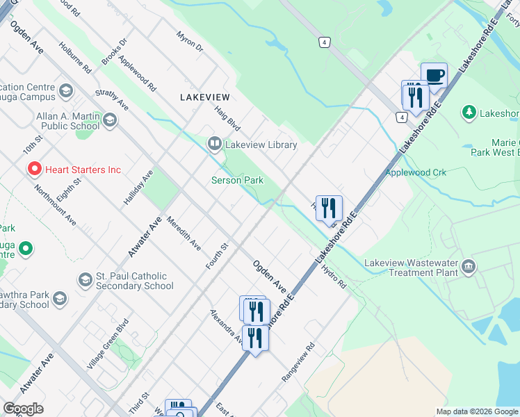 map of restaurants, bars, coffee shops, grocery stores, and more near 1086 Fourth Street in Mississauga