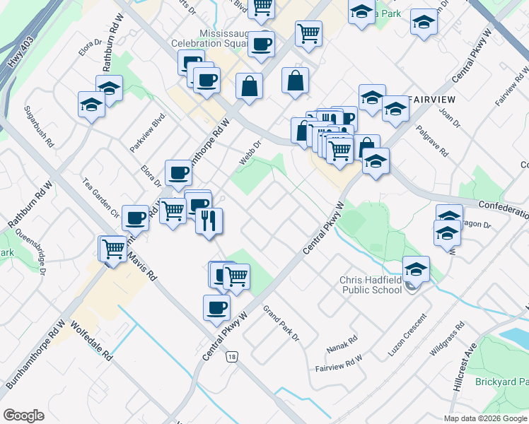 map of restaurants, bars, coffee shops, grocery stores, and more near 482 Malaga Road in Mississauga