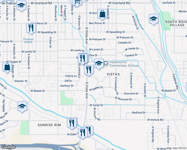 map of restaurants, bars, coffee shops, grocery stores, and more near 2438 Cherry Lane in Boise
