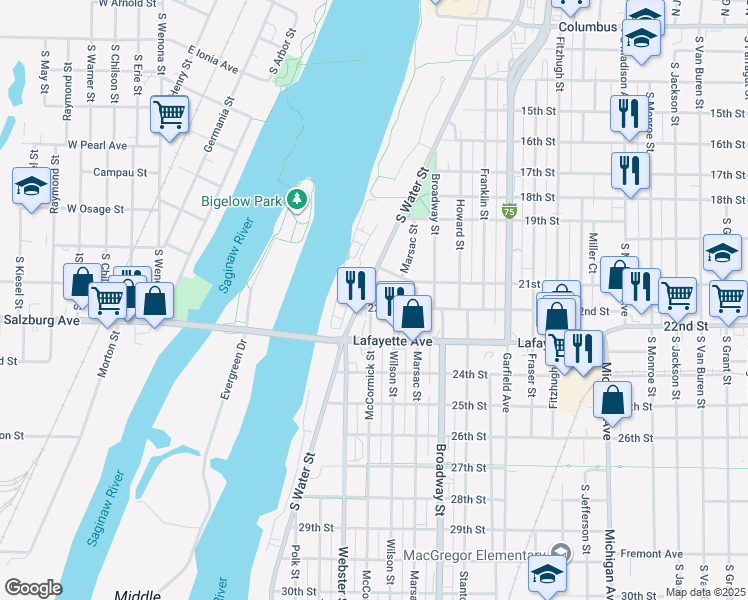 map of restaurants, bars, coffee shops, grocery stores, and more near 1029 South Water Street in Bay City