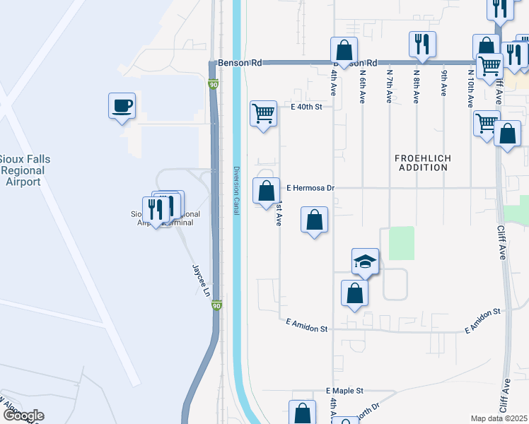map of restaurants, bars, coffee shops, grocery stores, and more near 3221 North 1st Avenue in Sioux Falls
