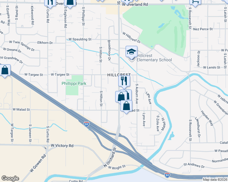 map of restaurants, bars, coffee shops, grocery stores, and more near 2333 South Orchard Street in Boise
