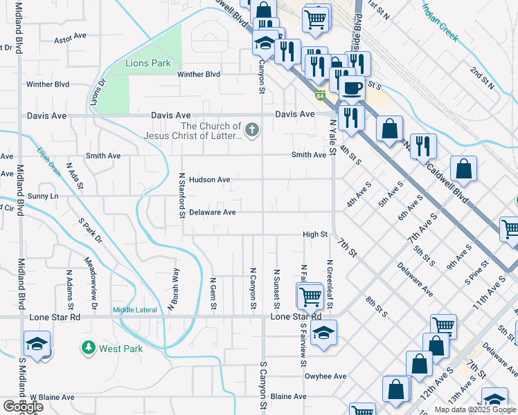 map of restaurants, bars, coffee shops, grocery stores, and more near 69 North Canyon Street in Nampa