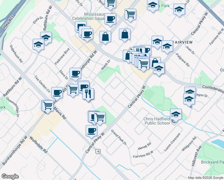 map of restaurants, bars, coffee shops, grocery stores, and more near in Mississauga