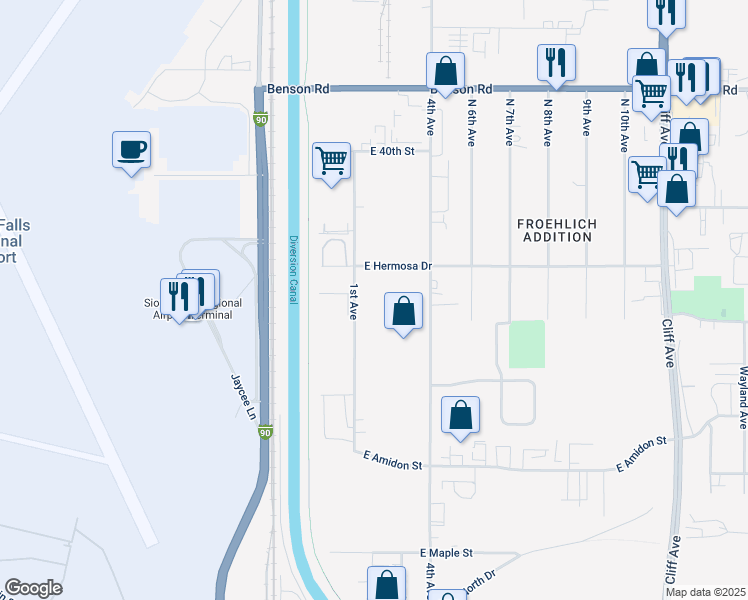 map of restaurants, bars, coffee shops, grocery stores, and more near 3221 North 1st Avenue in Sioux Falls
