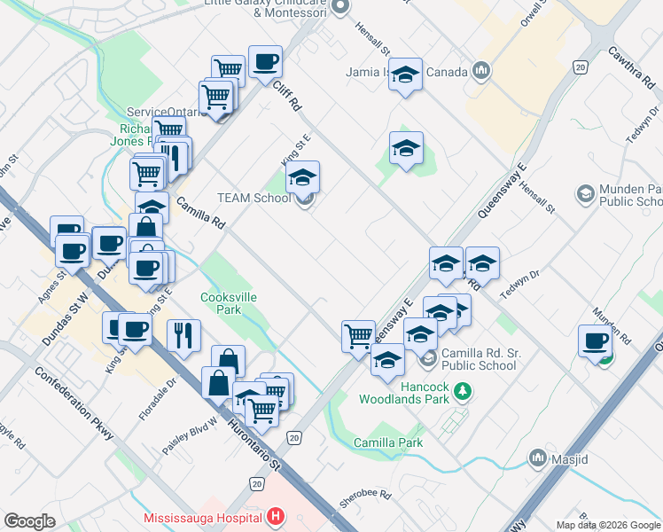 map of restaurants, bars, coffee shops, grocery stores, and more near 2395 Edenhurst Drive in Mississauga