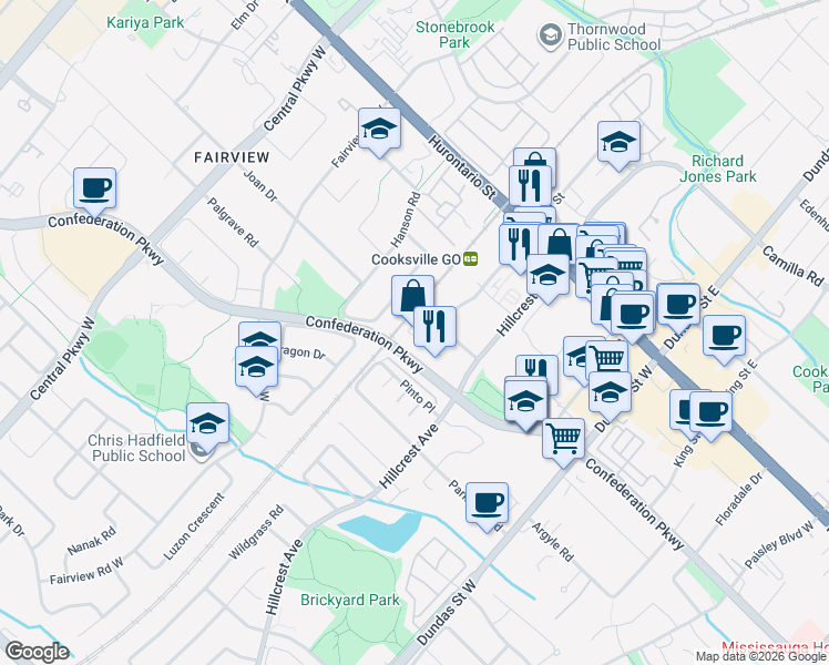 map of restaurants, bars, coffee shops, grocery stores, and more near 135 Hillcrest Avenue in Mississauga