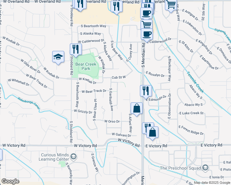map of restaurants, bars, coffee shops, grocery stores, and more near 2598 South Riptide Avenue in Meridian