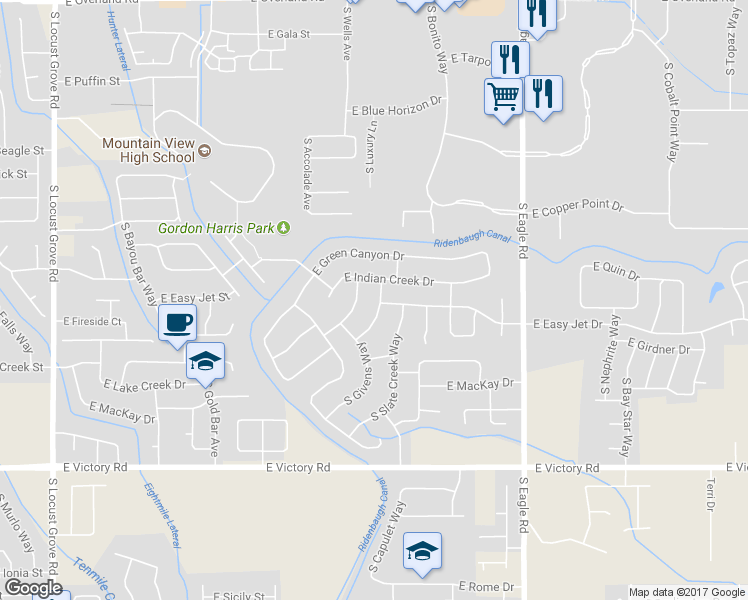 map of restaurants, bars, coffee shops, grocery stores, and more near 2627 South Burgdorf Way in Meridian