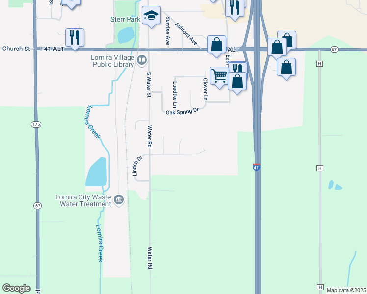 map of restaurants, bars, coffee shops, grocery stores, and more near 200 Park Lane in Lomira