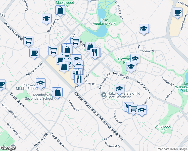 map of restaurants, bars, coffee shops, grocery stores, and more near 2866 Battleford Road in Mississauga