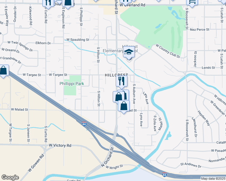 map of restaurants, bars, coffee shops, grocery stores, and more near 2399 South Orchard Street in Boise