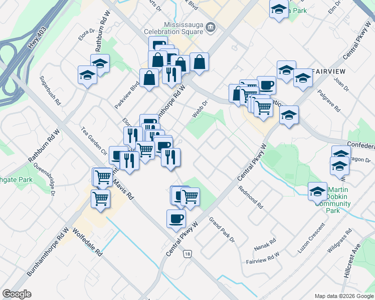map of restaurants, bars, coffee shops, grocery stores, and more near 550 Webb Drive in Mississauga