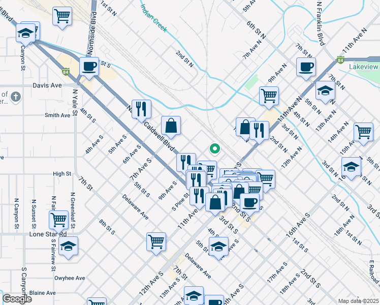 map of restaurants, bars, coffee shops, grocery stores, and more near 820 2nd Street South in Nampa