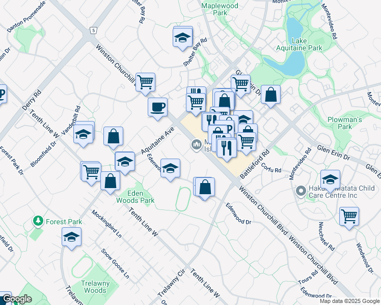 map of restaurants, bars, coffee shops, grocery stores, and more near 3020 Collista Court in Mississauga